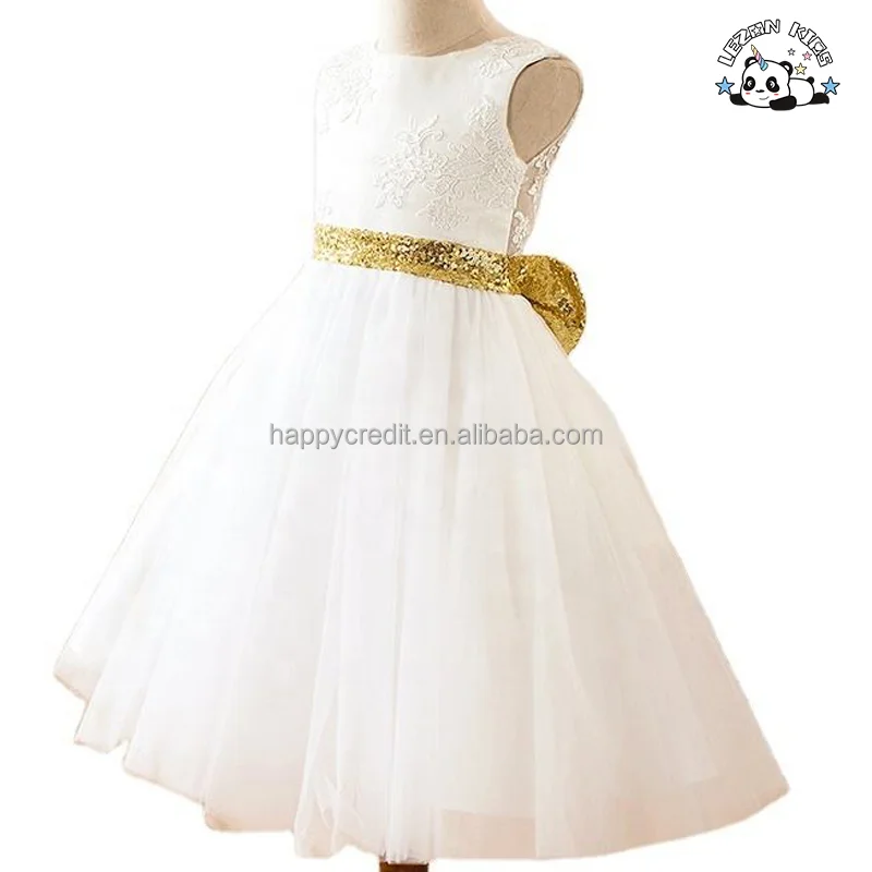 LEZONKIDS - Vestidos de Noiva para Meninas sem Mangas Brancos com Renda e Lantejoulas com Laço para Venda por Atacado